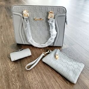 NWOT Gray 3 Piece Top handle Satchel Handbag set with Wristlet & Card holder.